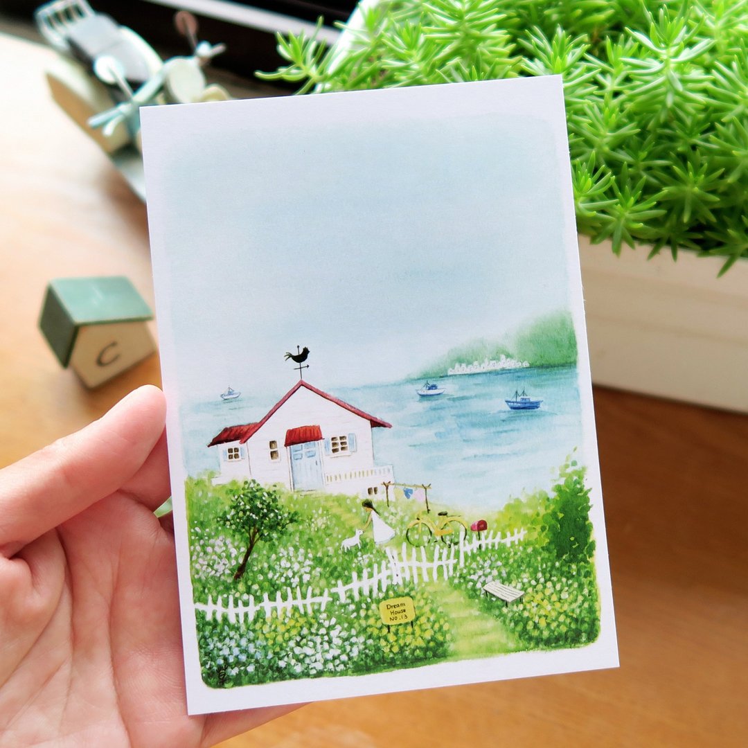 梦想小屋no.13 山坡上看得见海的小屋 - 卡片/明信片 - 纸 蓝色