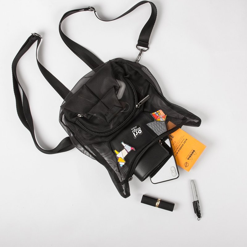 Black mesh bulldog mini bag - 侧背包/斜挎包 - 其他人造纤维 黑色