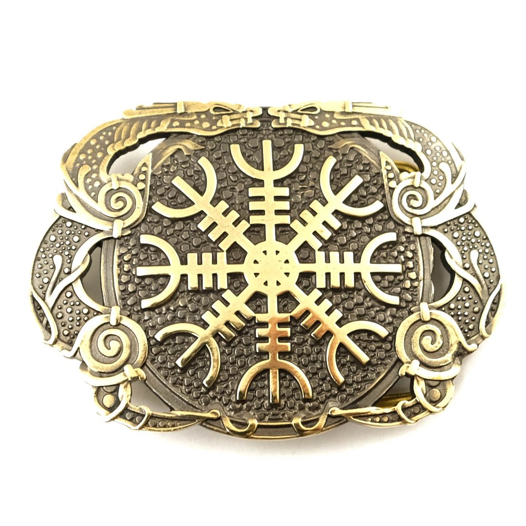 Helm of Awe soild brass belt buckle, Viking Runes belt - 皮带/腰带 - 其他材质 金色