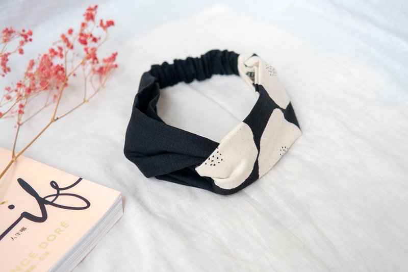 母女发带 | 发带 | 交叉发带 | 黑与白花 - 发带/发箍 - 棉．麻 黑色