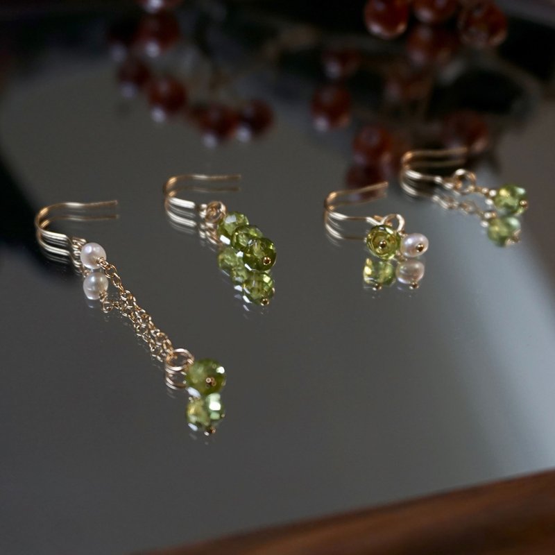 ll 云朵里的绿精灵 ll 淡水珍珠 橄榄石 美国包金 耳环 ER-00070 - 耳环/耳夹 - 水晶 绿色