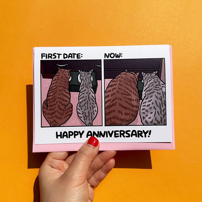 猫咪插画祝福卡 First Date VS Now Funny Fat Cat Couple Anniversary Card - 卡片/明信片 - 纸 