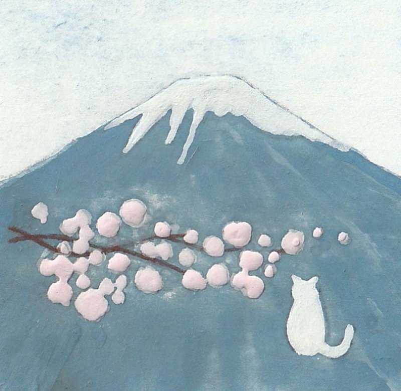 Japanese painting poster　Mt. Fuji, cherry blossoms and white cat painting mini - 海报/装饰画/版画 - 纸 