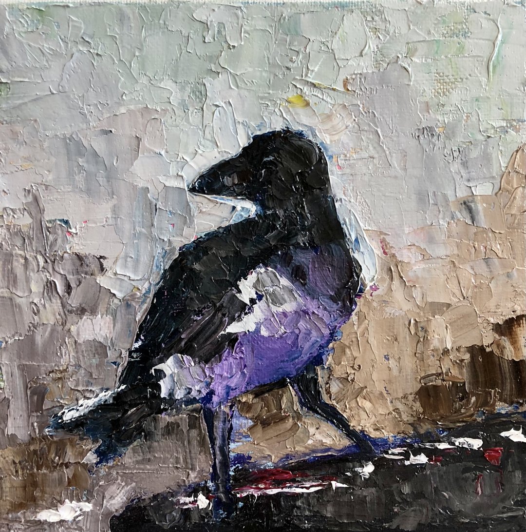 Crow Painting, Original Bird Wall Art, Gothic Original Art 15 by 15 centimeters - 海报/装饰画/版画 - 棉 蓝色