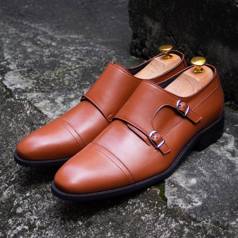 REGENT 横饰双扣孟克鞋-棕/ Cap Toe Double Monk Strap-Tan - 男款皮鞋 - 真皮 橘色