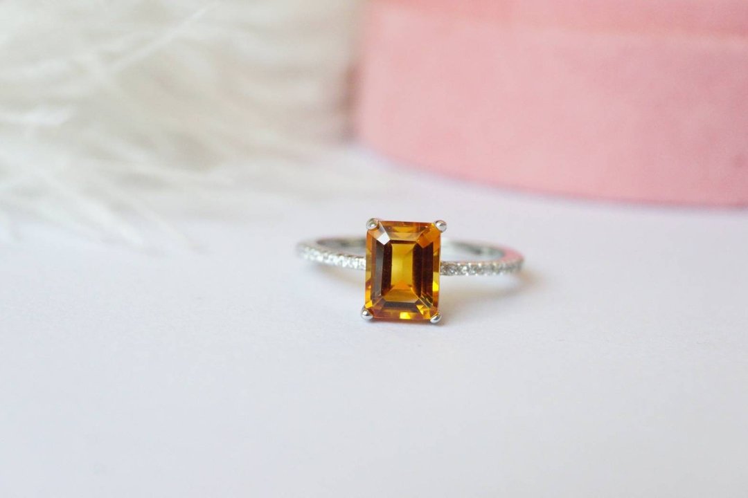 Natural Citrine Silver925 Ring, Baguette ring. - 戒指 - 纯银 黄色