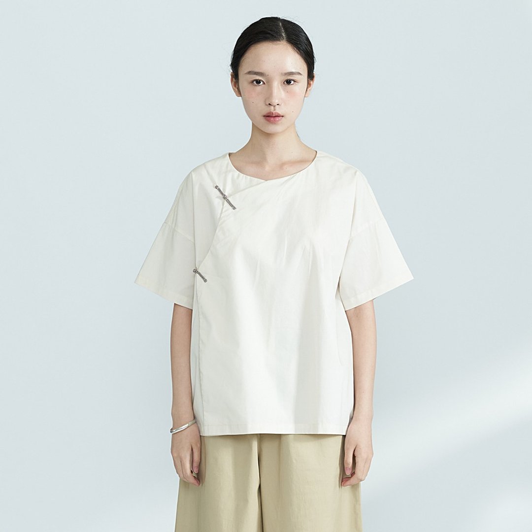 中國風斜襟夏季棉質上衣 短袖襯衫 SH180426 - 女装衬衫 - 棉 白色