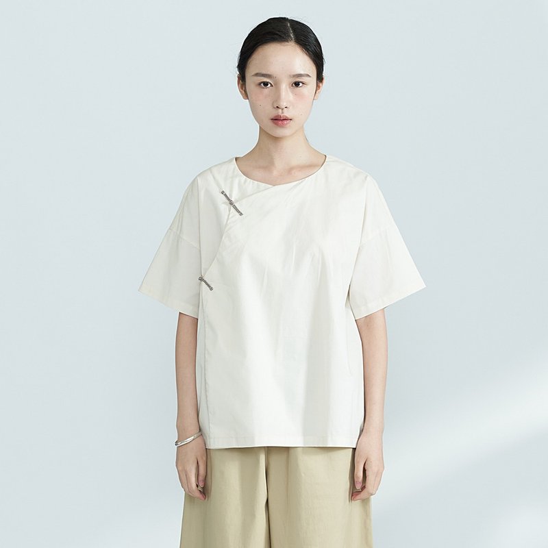 中國風斜襟夏季棉質上衣 短袖襯衫 SH180426 - 女装衬衫 - 棉 白色
