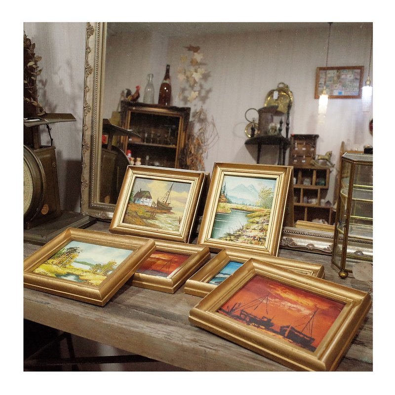 台湾老件.早期金色木头框.手绘小油画.非印刷品.摆件.风景画 - 海报/装饰画/版画 - 木头 