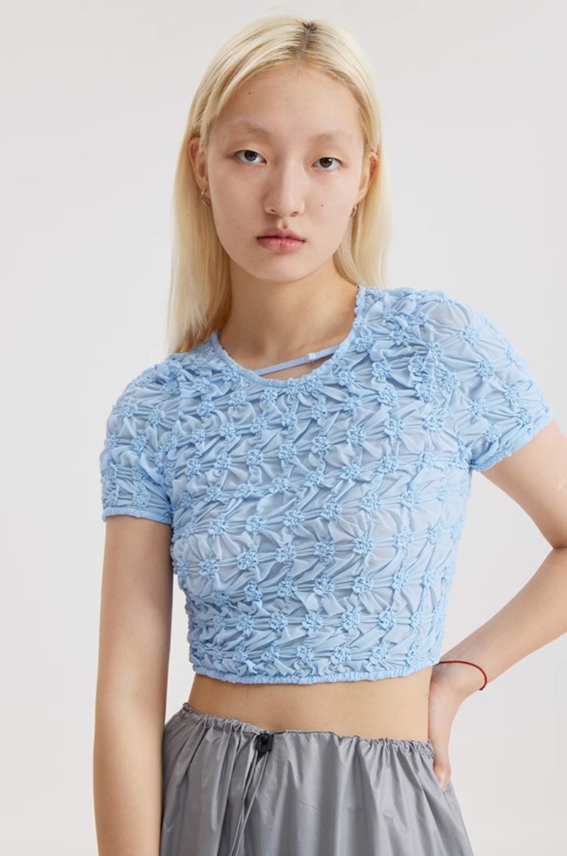 Shirring Shirts 弹力褶轻透紧身短袖T恤 - 女装 T 恤 - 棉 蓝色