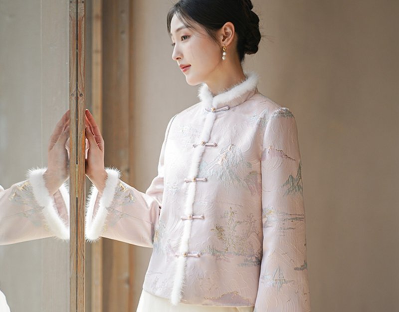 新中式 唐装上衣织金提花复古短棉服外套 - 女装上衣 - 其他材质 粉红色