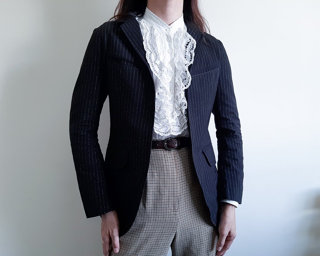 Y's Yohji Yamamoto 条纹棉质夹克西装外套金属色条纹开襟夹克 - 女装休闲/机能外套 - 棉 黑色