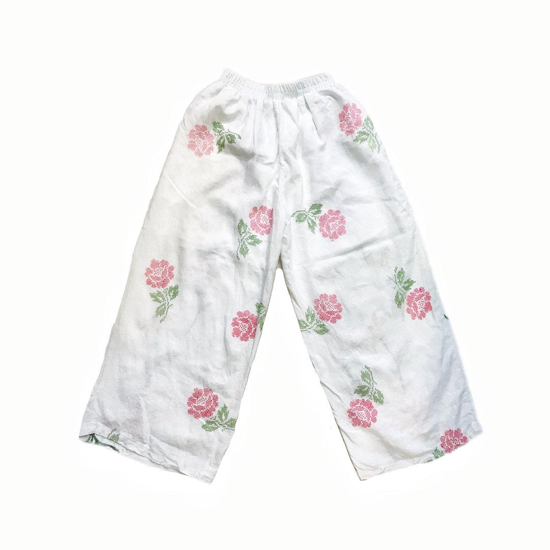Vintage Embroidered Patchwork Pants 手工十字绣玫瑰双面长裤 - 女装长裤 - 棉．麻 白色