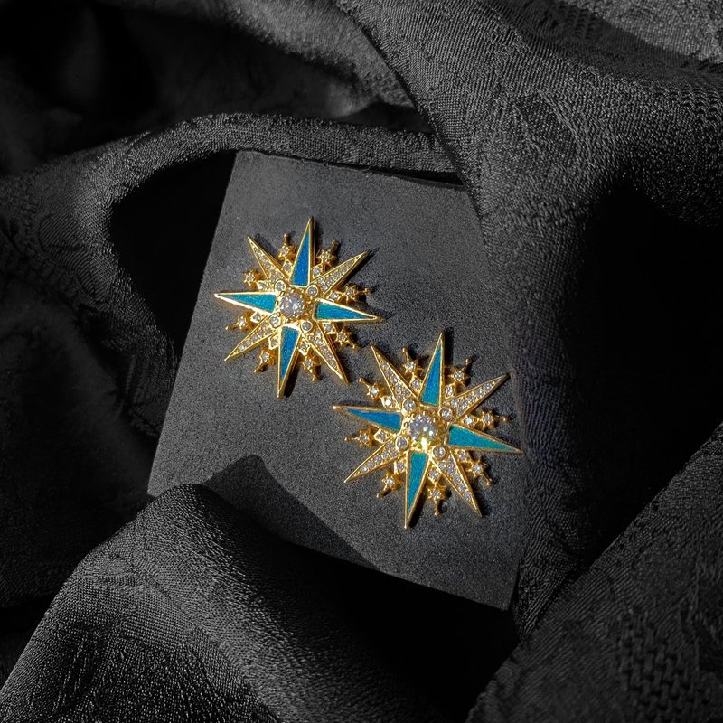 【初秋新品】手工制作 孔雀羽毛点翠工艺 星星耳钉——静夜领航 - 耳环/耳夹 - 铜/黄铜 金色