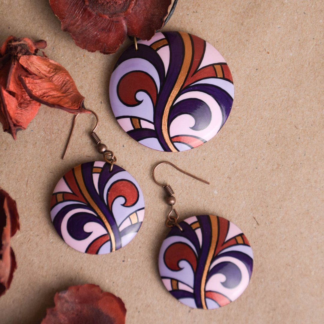 Wooden Earrings and Pendant Set for Women, Teardrop Trendy Fun Unique Gift - 耳环/耳夹 - 木头 紫色