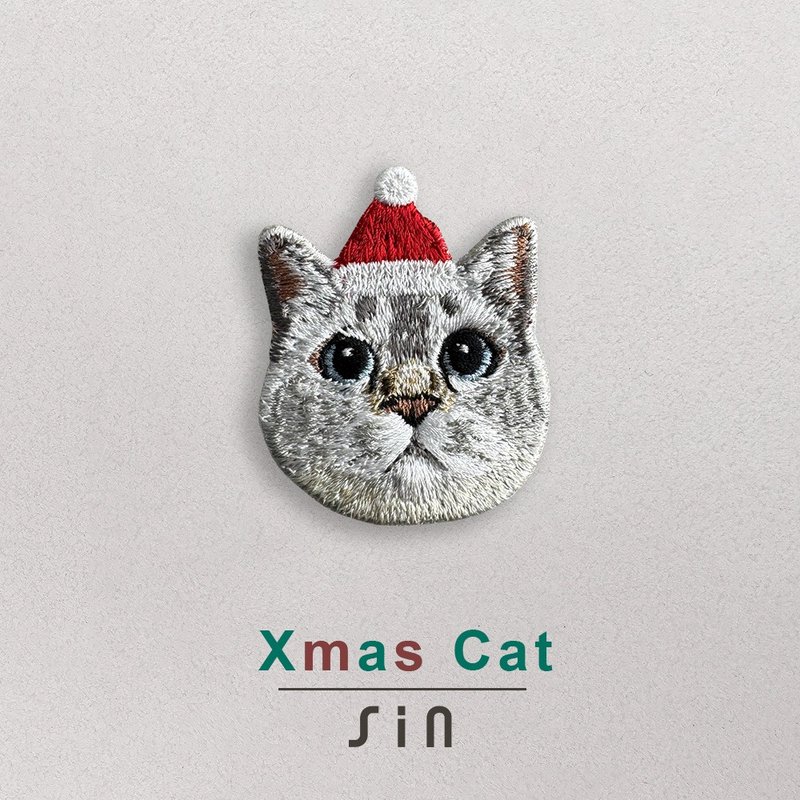 单卡圣诞小猫-刺绣贴纸-蓝眼英短猫(XHC0012) - 贴纸 - 绣线 红色