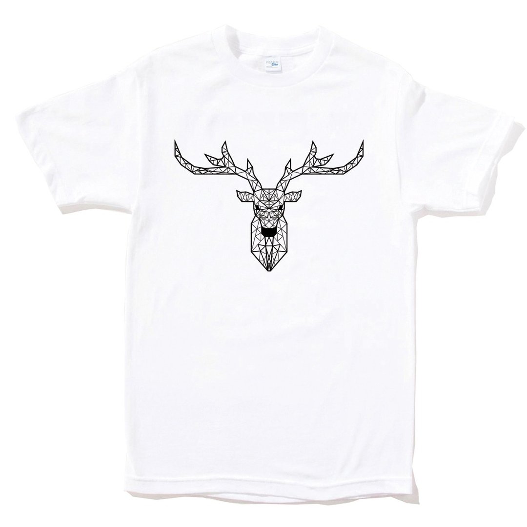 Deer Geometric 短袖T恤 白色 几何 鹿 宇宙 设计 自创 品牌 银河系 时髦 圆 三角形 - 男装上衣/T 恤 - 棉 白色