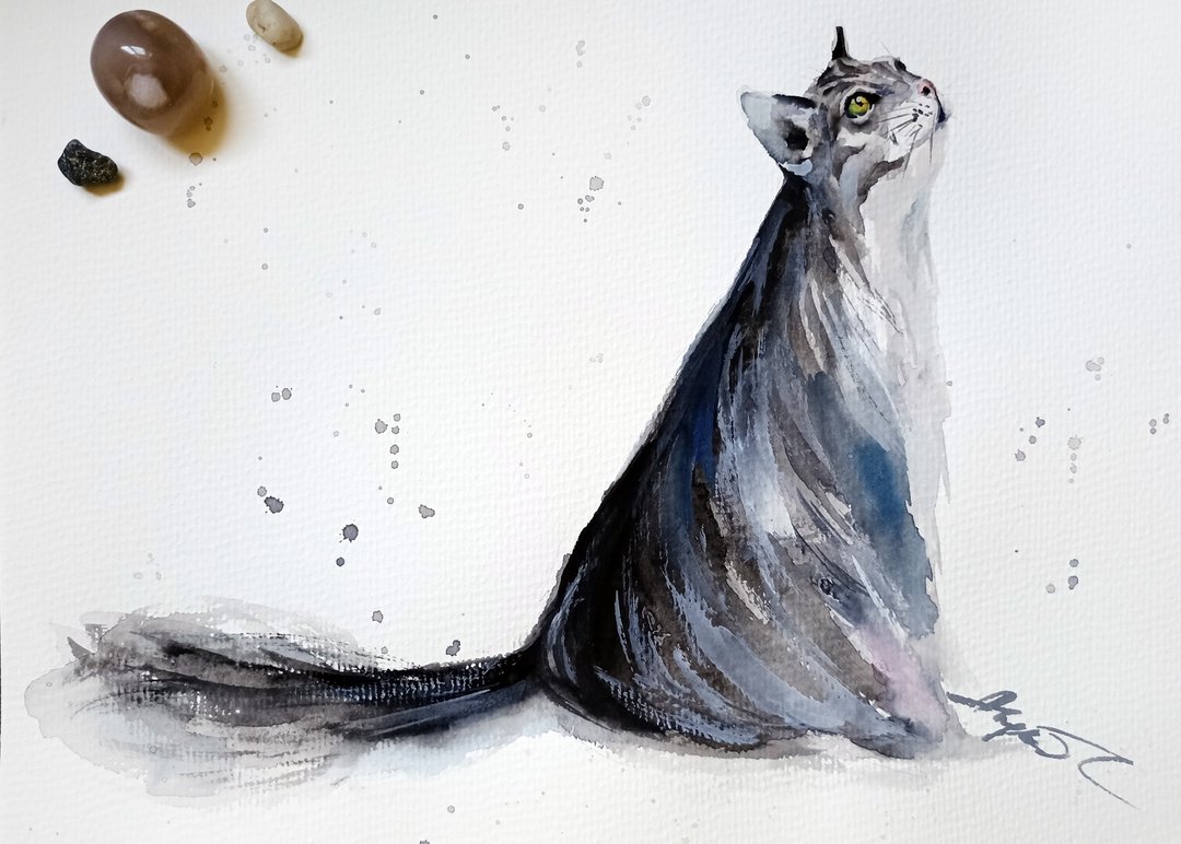 Watercolor original cat animal room decor painting by Anne Gorywine - 墙贴/壁贴 - 纸 蓝色