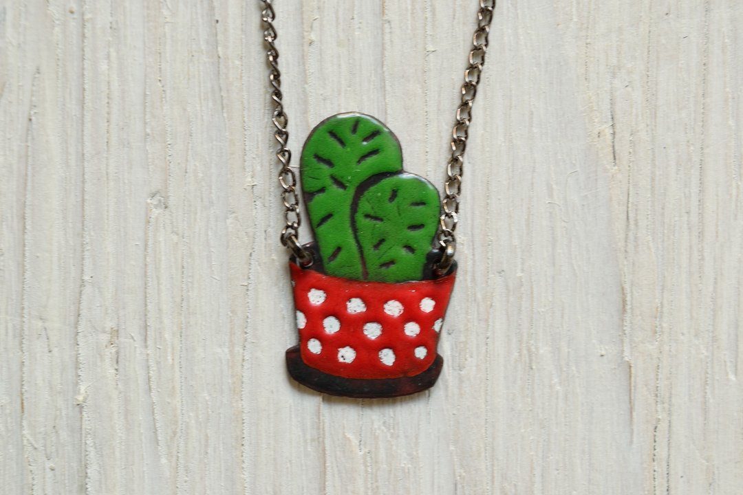 Cactus Necklace, Enamel Necklace, Cacti, Plant Lover Gift, Succulent Necklace - 项链 - 珐琅 