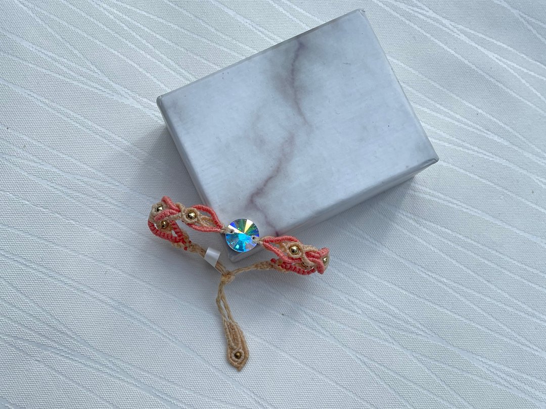 #210410 Macrame 南美蜡线 Swarovski 手链 - 手链/手环 - 半宝石 橘色