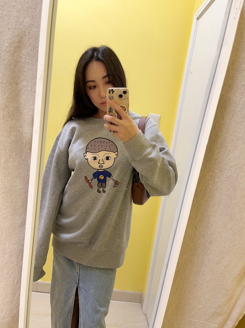 男女中性设计感可爱图案冬季摇粒绒保暖卫衣(灰色Galvin) - 中性连帽卫衣/T 恤 - 其他人造纤维 灰色