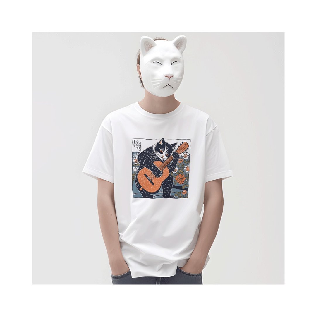 猫的简单生活萌咖啡读书吉他/凡物制原创文艺纯棉男女款宽松印花T - 男装上衣/T 恤 - 棉．麻 