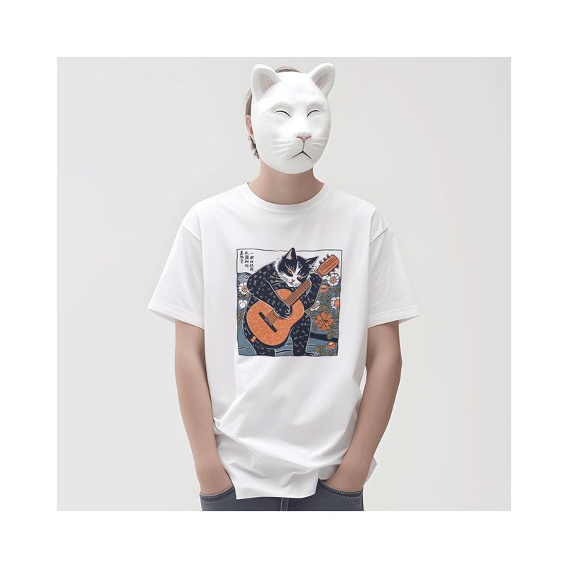 猫的简单生活萌咖啡读书吉他/凡物制原创文艺纯棉男女款宽松印花T - 男装上衣/T 恤 - 棉．麻 