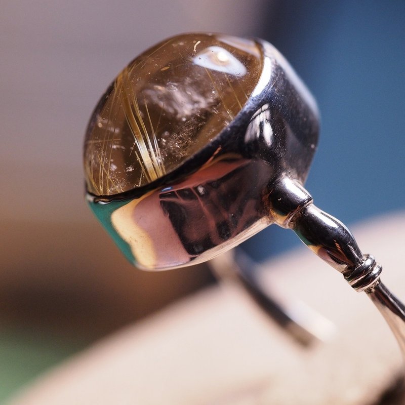 大颗 钛晶 金红石 手工纯银戒指 Golden Rutile Quartz - 戒指 - 水晶 金色