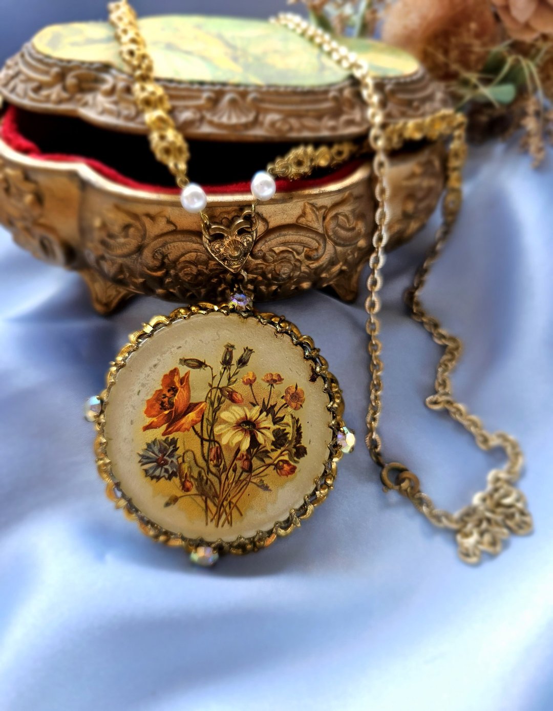 美国西洋古董饰品 / 德国制古典累丝花束项链/复古珠宝 - 长链 - 其他金属 