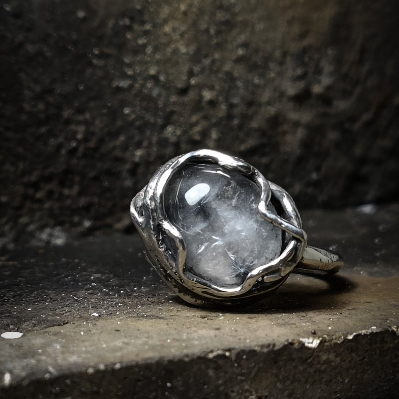 锰钡矿/海胆水晶银戒 - 戒指 - 宝石 白色