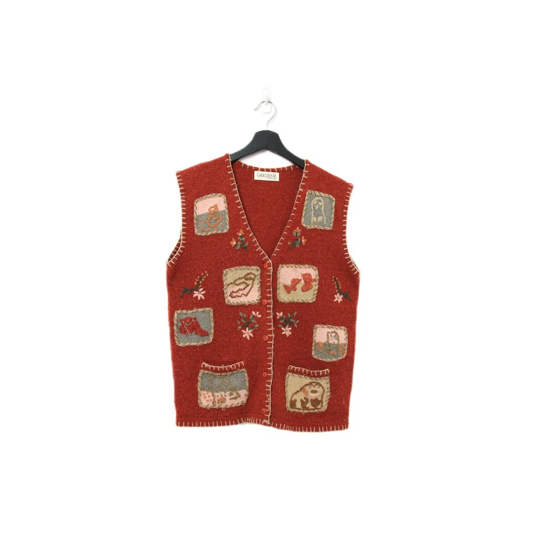 Back to Green-复古毛料背心 柿色 缝线边缘 v-07/sweater vest - 女装背心 - 棉 