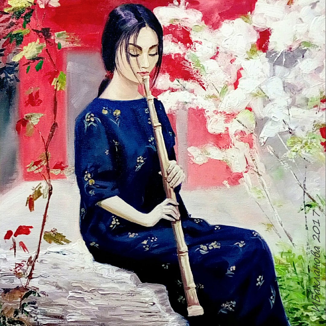 有竹笛的女孩 原创帆布印刷品 亚洲女性肖像 - 墙贴/壁贴 - 其他材质 多色