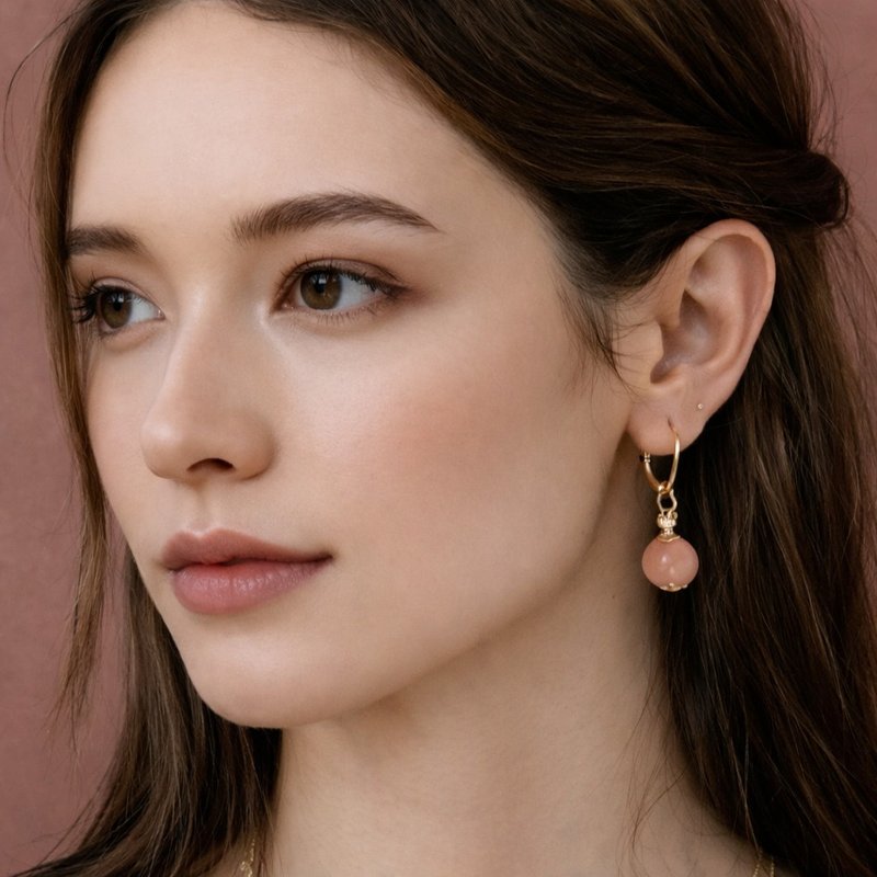 水蜜桃盐源玛瑙手工水晶14k耳环吊坠 - 耳环/耳夹 - 水晶 粉红色