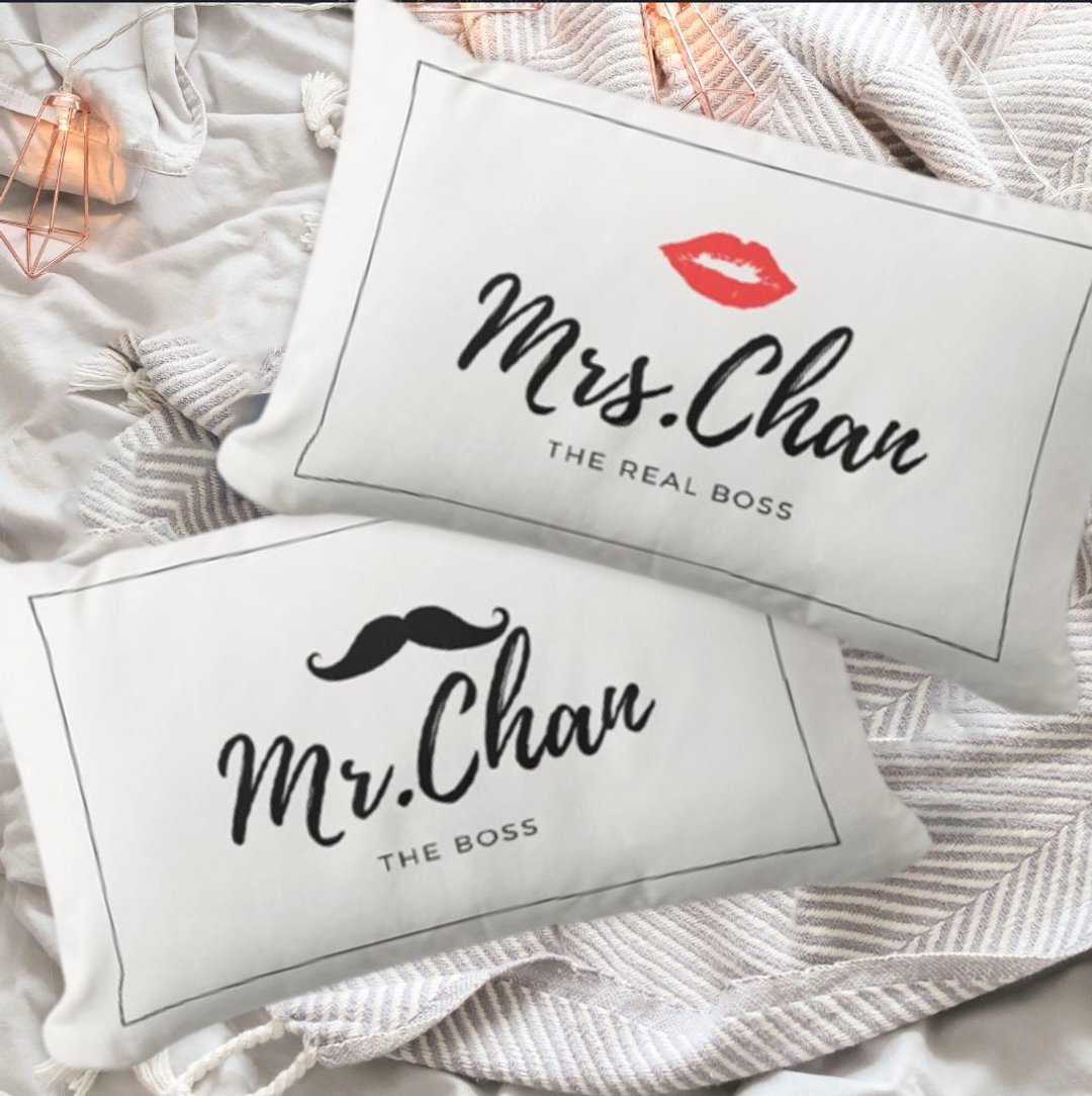 【结婚礼物】Mr & Mrs 姓氏定制枕头套 - 枕头/抱枕 - 聚酯纤维 白色