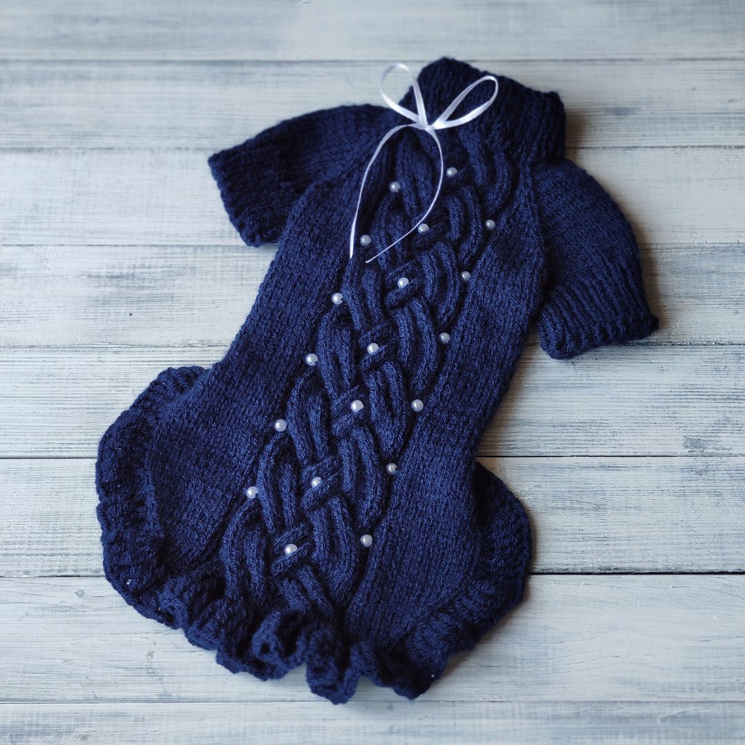 Indigo blue small dog sweater for Chihuahua Yorkie cat Ruffled dog sweater dress - 衣/帽 - 压克力 蓝色