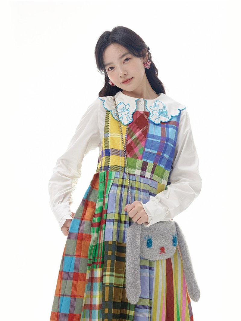 彩色拼格背心裙  百褶裙 连衣裙  可爱宽松加厚 - 洋装/连衣裙 - 其他材质 多色