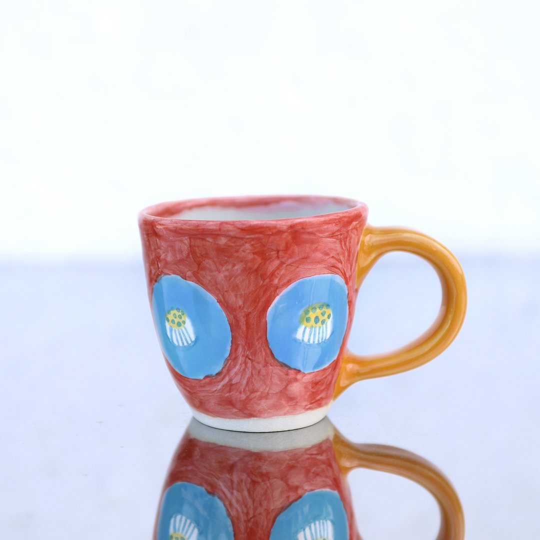 POP CAMELLIA MUG / RED GLAZED ORANGE GLAZED HANDLE - 咖啡杯/马克杯 - 陶 红色