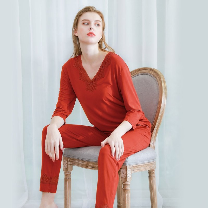 法式絮语 V领蕾丝长袖居家套装-红色 - 居家服/睡衣 - 其他人造纤维 