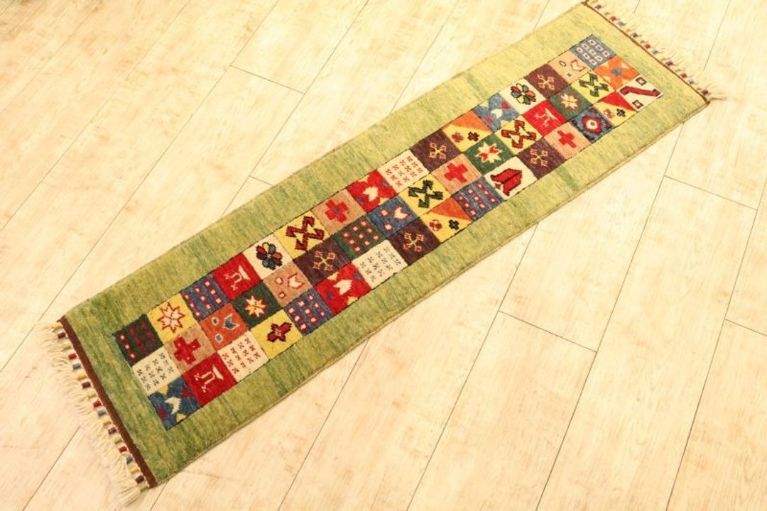 Handwoven Carpet Handmade Rug Elongated Runner Type Yellow Green Kilim - 地垫/地毯 - 其他材质 绿色