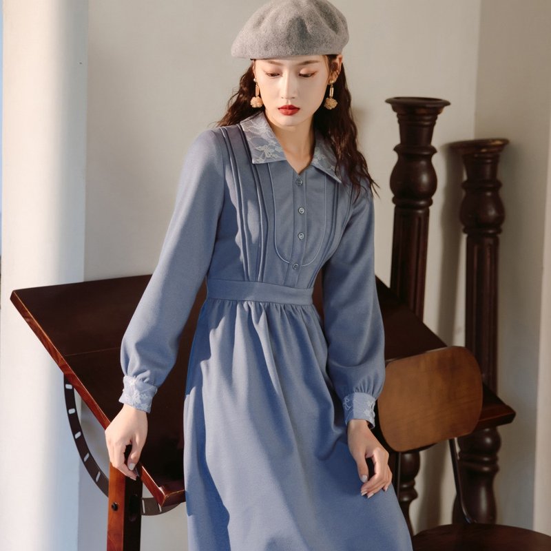 法式连衣裙女秋冬新款收腰显瘦神范气质复古温柔长裙 - 洋装/连衣裙 - 聚酯纤维 