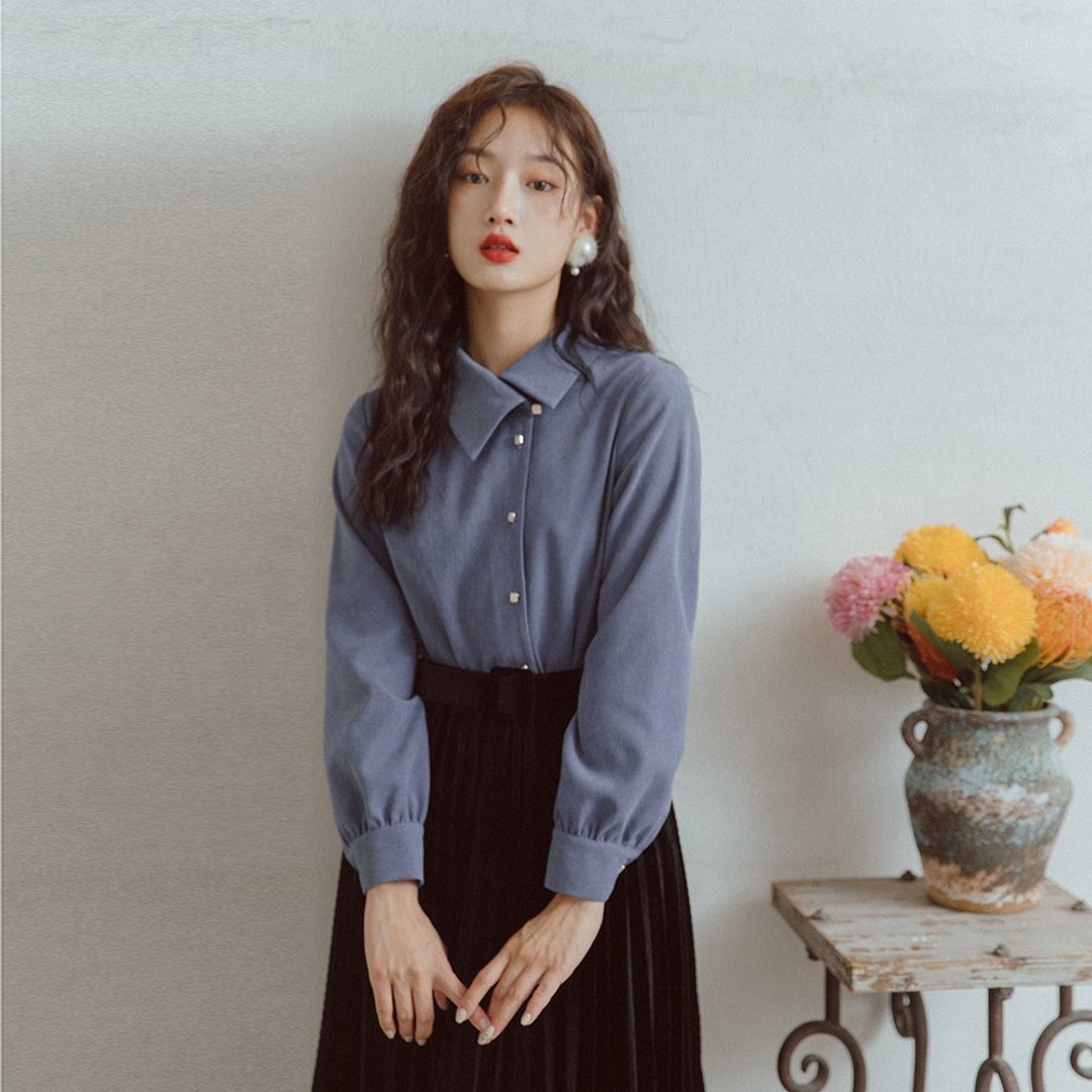 蓝色显白女装衬衫上衣 - 女装衬衫 - 聚酯纤维 