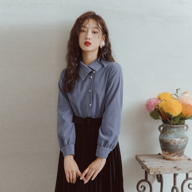 蓝色显白女装衬衫上衣 - 女装衬衫 - 聚酯纤维 