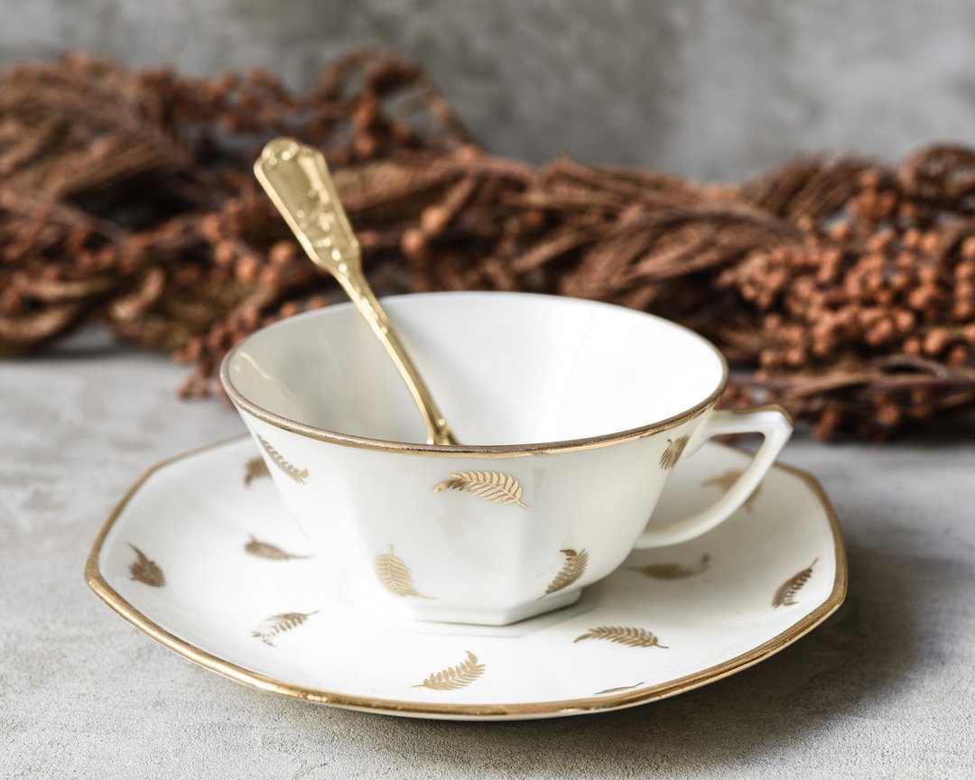 法国 利摩日 金棕榈轻盈瓷杯盘 下午茶具组 - 茶具/茶杯 - 瓷 
