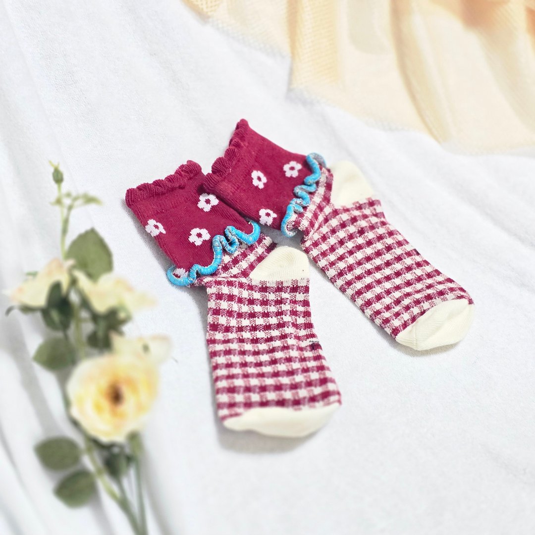 红×蓝 彩色荷叶边袜子 抢眼袜子 个性袜 15-18cm 儿童袜 socks - 袜子 - 其他材质 红色
