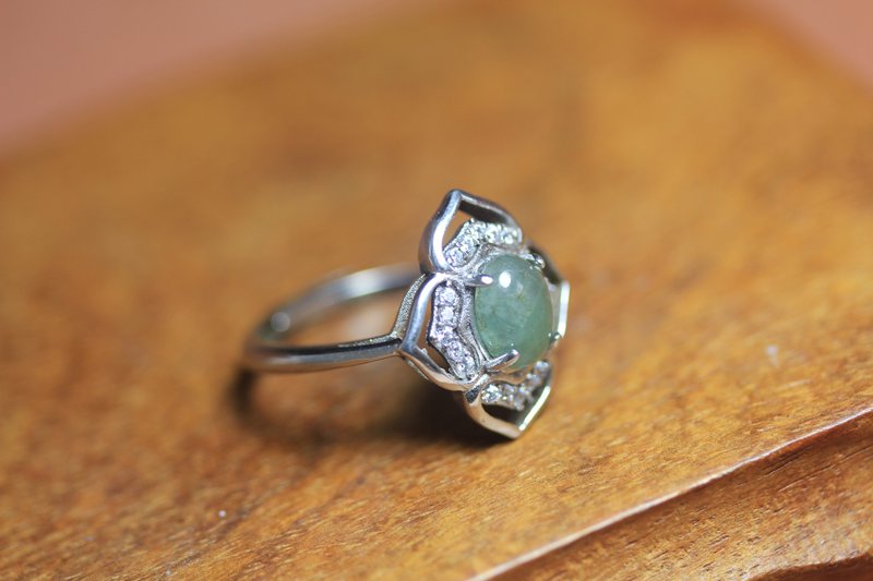 【花朵翡翠戒指】 S925银镶嵌 女款复古新中式  蛋面绿玉石指环 - 戒指 - 玉石 绿色