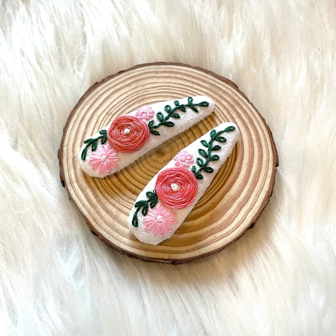 刺绣紫色花卉发夹 - 两件套 手工刺绣发夹 - 发饰 - 棉 粉红色