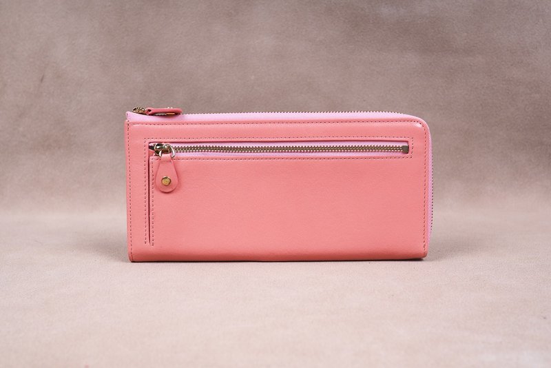 Italian Vegetable Genuine Leather Lady Long Wallet Zipper Wallet Purse Pink - 皮夹/钱包 - 真皮 粉红色
