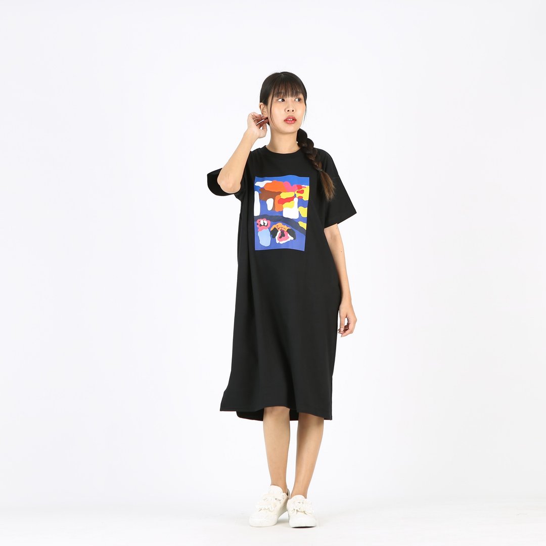 Short Dress Cotton Digital Print Screen - 洋装/连衣裙 - 棉．麻 黑色