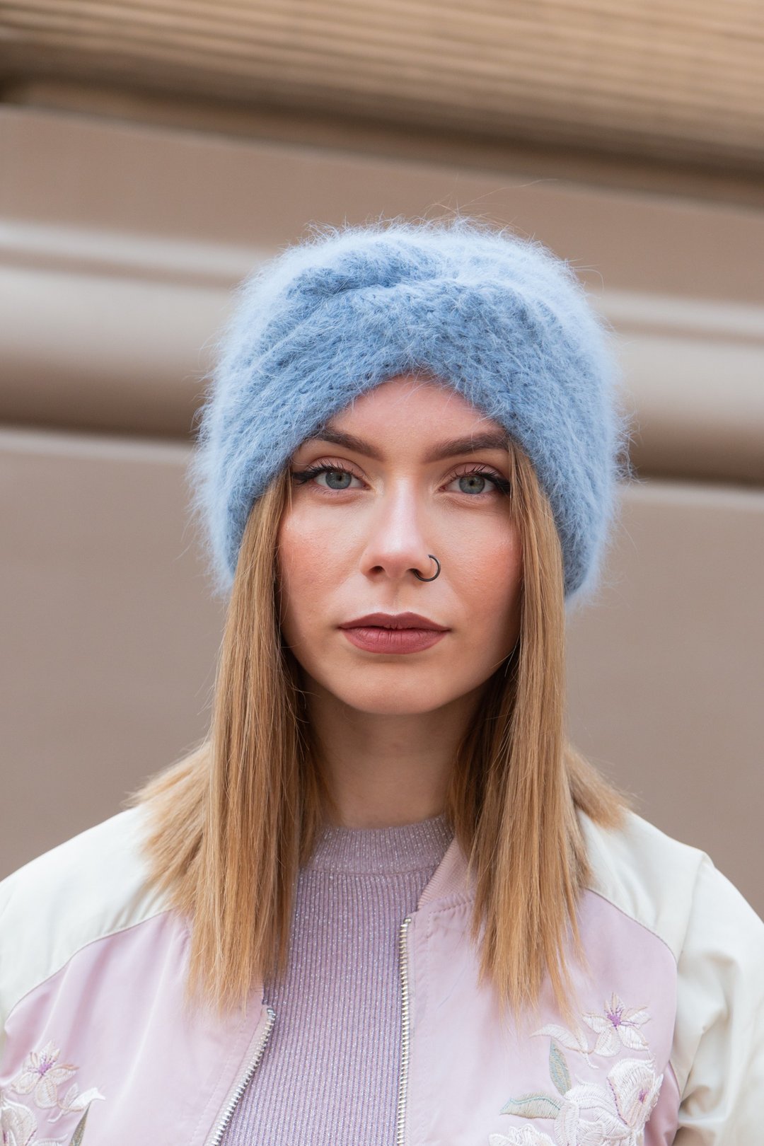 Angora headband. Twist knitted ear warmer. Fluffy head wrap. wide headband - 发带/发箍 - 羊毛 蓝色