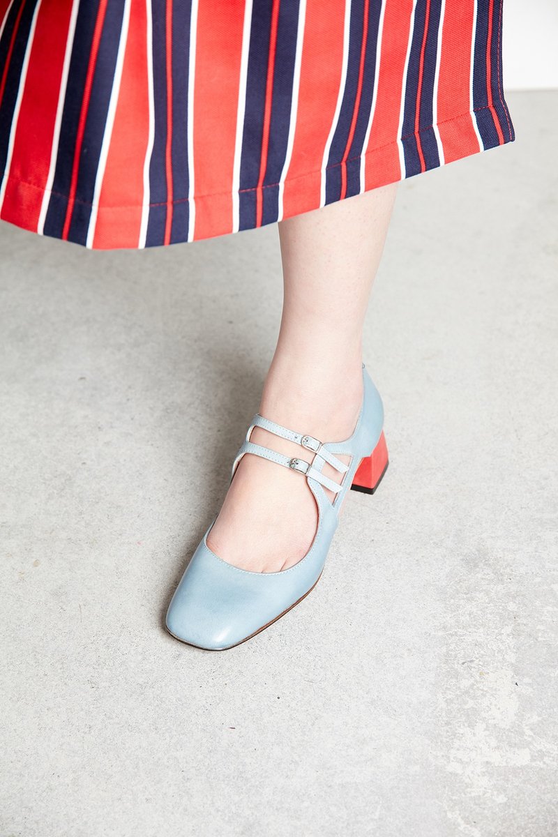 HTHREE 4.6方头玛莉珍跟鞋 / 水蓝 / Square Toe Mary Jane Heels - 高跟鞋 - 真皮 蓝色